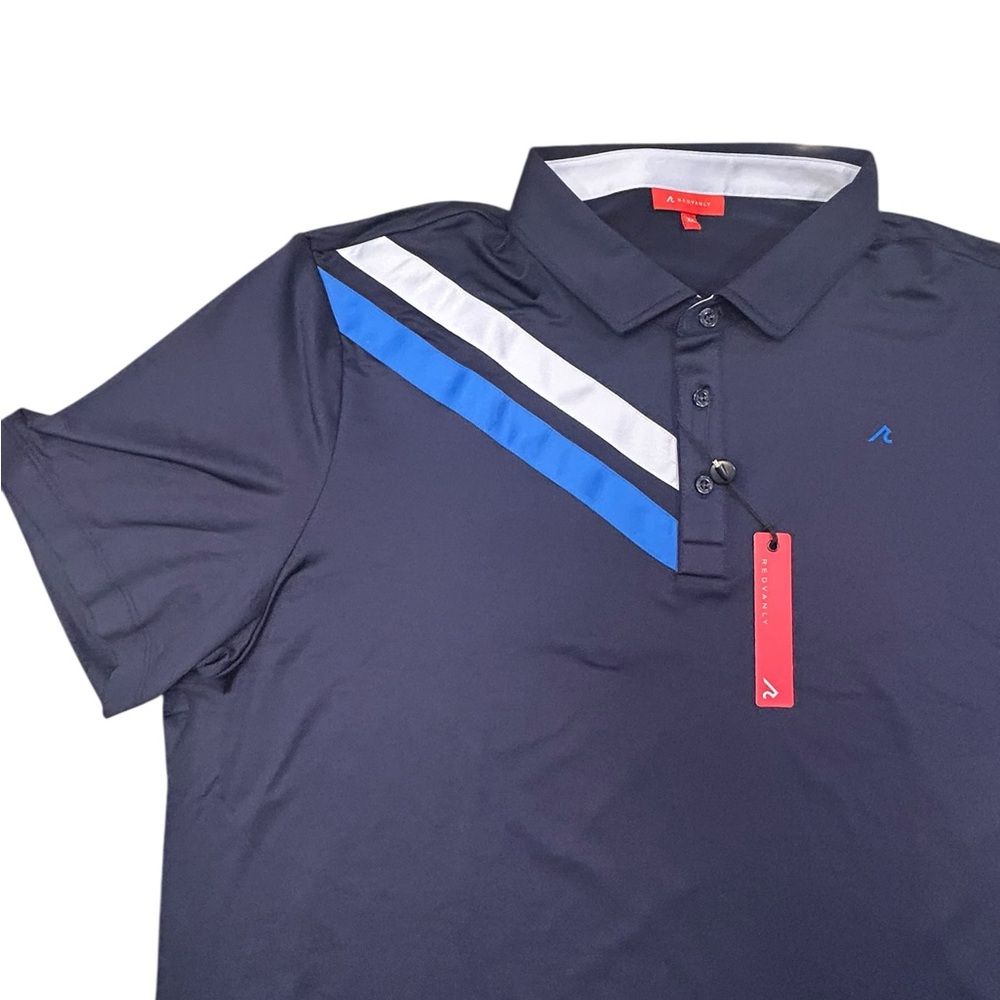 Redvanly Men's Navy Golf Polo Blue & White Stripes‎ XXL NWT Athletic Luxury